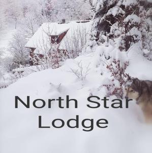 a wolf standing in the snow with the words north star lodge at Lodge bien être et nature in Soultzeren
