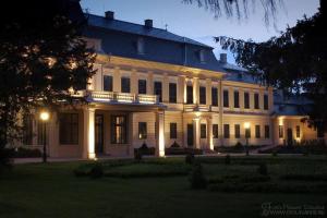 ein großes weißes Gebäude mit Lichtern in der Nacht in der Unterkunft Corvin Apartman in Gyula