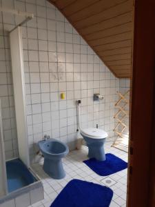 a bathroom with a toilet and a bath tub at Csilla Haus in Bük