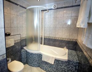 a bathroom with a shower and a toilet and a sink at Hotel Pasymowski in Mława