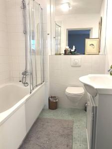 a bathroom with a sink and a toilet and a shower at La Maison de Mama C: Charming french village home in Sainte-Colombe-sur-lʼHers