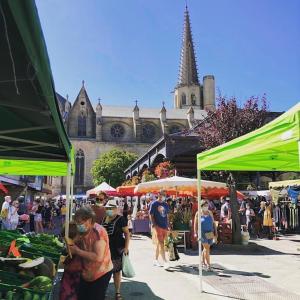 a group of people walking around an outdoor market at La Maison de Mama C: Charming french village home in Sainte-Colombe-sur-lʼHers