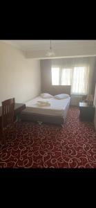 a bedroom with a bed and a chair on a red carpet at Ankara apart hostel 3 in Altındağ