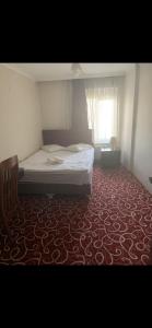 1 dormitorio con 1 cama y alfombra roja en Ankara apart hostel 3 en Altındağ