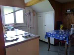eine Küche mit einem Tisch, einem Waschbecken und einer Arbeitsplatte in der Unterkunft Ferienhof-Barenegg in Hemberg