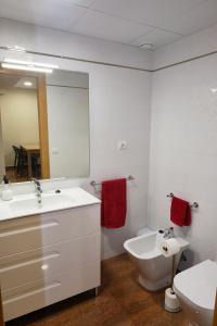 a bathroom with a sink and a toilet and a mirror at ANCLA spaces CON VISTAS AL MAR EGVT436CS in Vinaròs