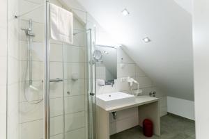 La salle de bains est pourvue d'un lavabo et d'une douche. dans l'établissement Altstadthotel Grauer Wolf, à Erlangen