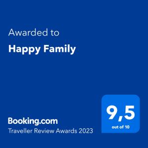 a blue screen with the text awarded to happy family at Happy Family in Skala Kallirakhis