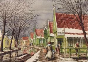 a painting of a woman walking down a street at Het Kraaienest in Zaandam