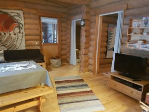 una sala de estar con TV en una cabaña de madera en Suvituuli en Kuusamo