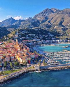 an aerial view of a town next to the water at Sablettes Beach-plage-vue mer-centre ville in Menton
