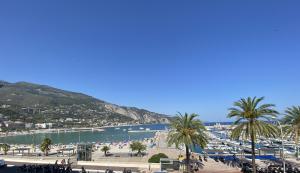 a view of a beach with palm trees and a harbor at Sablettes Beach-plage-vue mer-centre ville in Menton