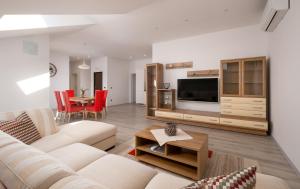 Apartmani Stari ribar في لوفيستا: غرفة معيشة مع أريكة وتلفزيون وطاولة