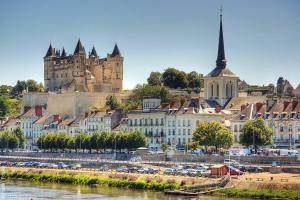 una ciudad con un castillo, un río y edificios en Maison 2-3 pers Angers-Saumur, en Louresse-Rochemenier