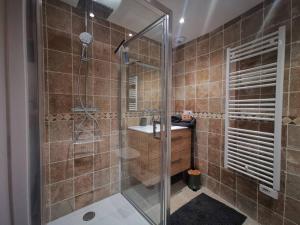 uma casa de banho com um chuveiro e um lavatório. em Maison 2-3 pers semi-troglodyte Angers-Saumur em Louresse-Rochemenier