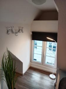 ein Wohnzimmer mit einem großen Fenster und einer Pflanze in der Unterkunft Flensburg Zentrum 10 HH DGR in Flensburg