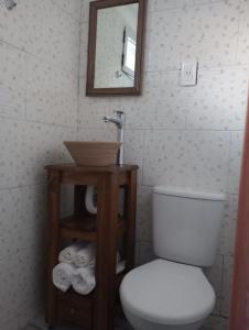 y baño con aseo, lavabo y espejo. en ABBA Departamento turistico en Trevelín