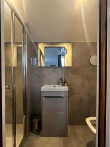 a bathroom with a shower and a sink and a mirror at Terrace House in Leamington Spa