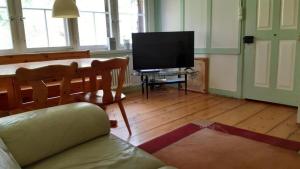 ein Wohnzimmer mit einem Sofa und einem Flachbild-TV in der Unterkunft Gast- & Ferienhaus Frohheim in Sankt Peterzell