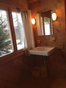 a bathroom with a sink and a window in a log cabin at Haus Pfahl in Bellwald
