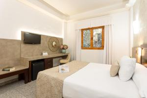 una habitación de hotel con una cama y un televisor en Hotel Plaza Del Castillo, en Málaga