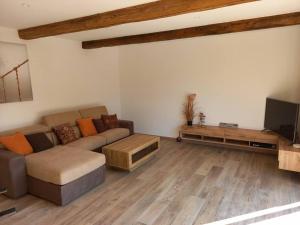 Una sala de estar con un sofá y un televisor de pantalla plana. en Villa La Treille, en Saint-Maximin-la-Sainte-Baume