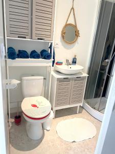 a bathroom with a toilet and a sink at Charmante maison de campagne à La Bouillie avec jardinB in La Bouillie +4 photos