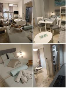 un collage de fotos de una sala de estar y un dormitorio en Studio στο κέντρο του Βόλου, en Volos