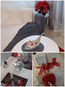 un collage de fotos de un dormitorio con cama y adornos navideños en Studio στο κέντρο του Βόλου, en Volos