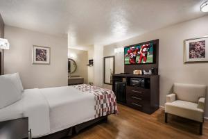 Habitación de hotel con cama y silla en Red Roof Inn Crossville, en Crossville