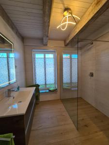 a bathroom with a sink and a glass shower at Ostseenahes Ferienhaus mit 3 Schlafzimmern und großem Naturgarten in Nienhagen +15 photos
