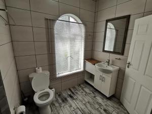 a bathroom with a toilet and a sink and a window at 34 Hornbill Street in St Lucia