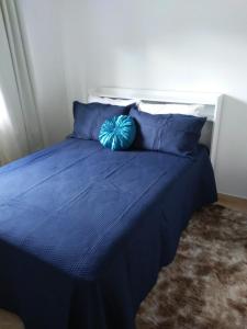 a blue bed with blue pillows on top of it at QUARTO CASA FREDERICO in Domingos Martins