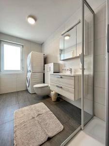 a bathroom with a toilet and a sink and a mirror at Aux Bons Matins de Gégé in Grimisuat