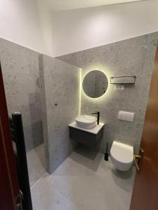 奧帕蒂亞的住宿－Opatija Apartment - Ocean Suite & Sea Breeze，一间带卫生间、水槽和镜子的浴室
