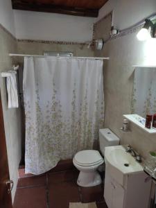 uma casa de banho com um WC e uma cortina de chuveiro em Quinta en Alvear em General Alvear