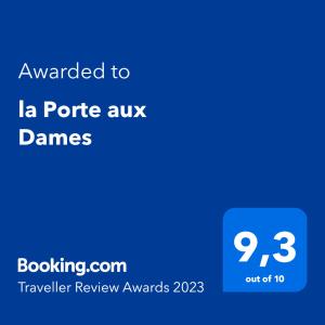 a blue text box with the words awarded to la porte aux dances at la Porte aux Dames in Romorantin