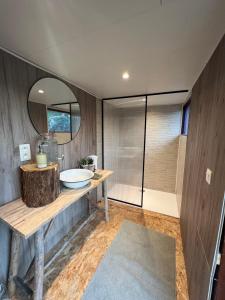 布永的住宿－Bulle Time Flies - logement insolite，一间带水槽和镜子的浴室