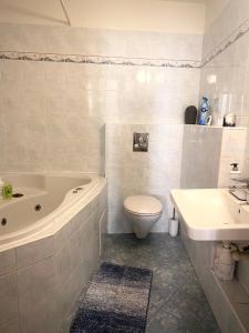 a bathroom with a tub and a toilet and a sink at Prague Old Town Apartment Benediktska 6 in Prague