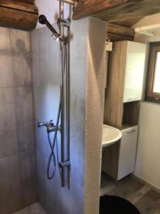 a shower in a bathroom with a sink at Rustico "Casi Hütte" in Bosco Gurin