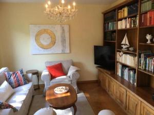 sala de estar con sofá, TV y estanterías en "CASA ELENA -Tegna" die Ruheoase in grossem mediterranem Garten en Tegna