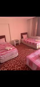 2 Betten in einem Zimmer mit rosa Bettwäsche in der Unterkunft Amkara apart hostel 5 in Altındağ