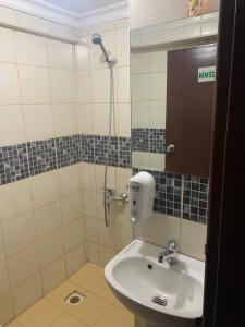 a bathroom with a sink and a shower at Amkara apart hostel 5 in Altındağ