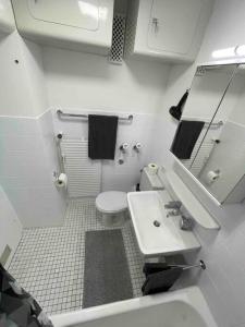 een badkamer met een wastafel, een toilet en een spiegel bij Ferienwohnung in Freudenstadt-Kniebis in Freudenstadt