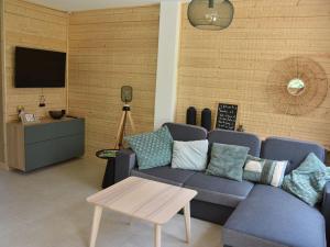 a living room with a blue couch and a tv at Chalet récent proche centre, piscine et patinoire, avec terrasse et parking couvert - FR-1-464-189 in Pralognan-la-Vanoise