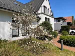 een wit huis met een bloeiende boom ervoor bij Haus mit 4 Schlafmöglichkeiten in Hamburg