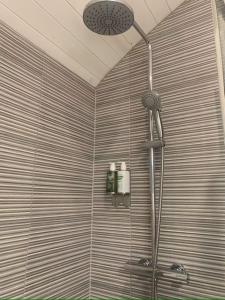 a shower with a shower head in a bathroom at Castledarcy Glamping in Lahinch