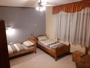 2 Betten in einem Zimmer mit Fenster in der Unterkunft Gästehaus Möbius in Markt Erlbach