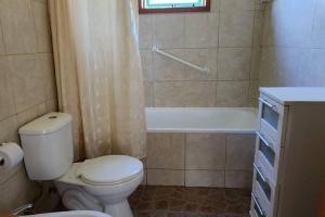 a bathroom with a toilet and a bath tub at Casa con acceso privado al río in Villarrica