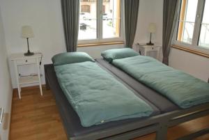 阿彭策爾的住宿－Ferienwohnung Blaues Haus，一间卧室设有两张床和窗户。